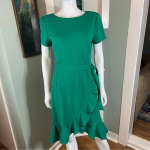 Calvin Klein Green Ruffle Sheath Dress Size 10 Midi Mini Knee Length Wrap-Style